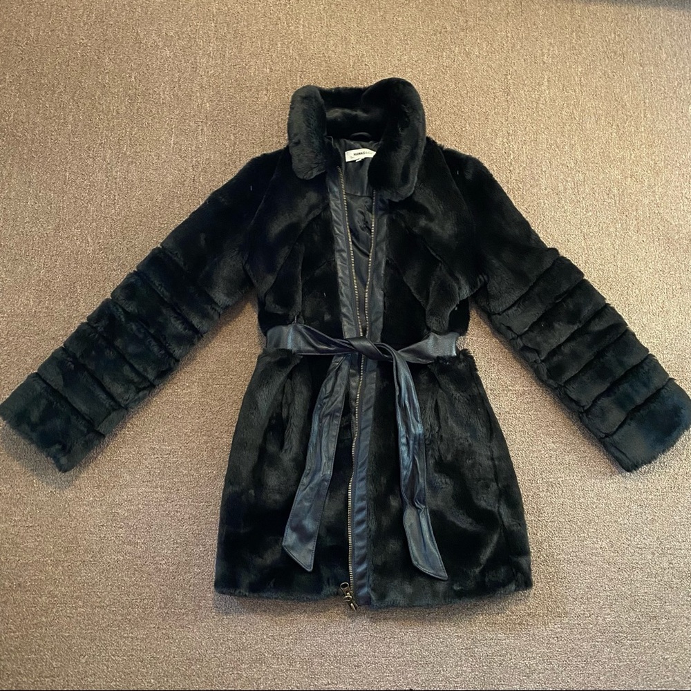 Hawke & Co | Faux Fur with Leather Trim Belted Winter Coat - Black